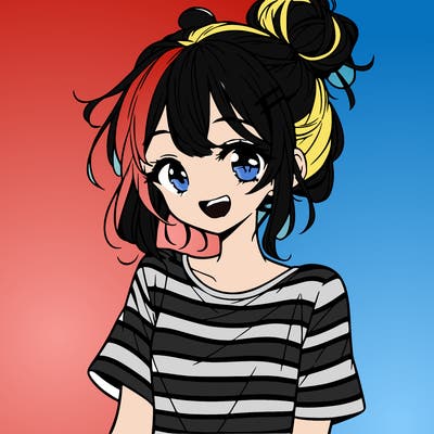 anime girl teenager striped shirt and smile and messy bun