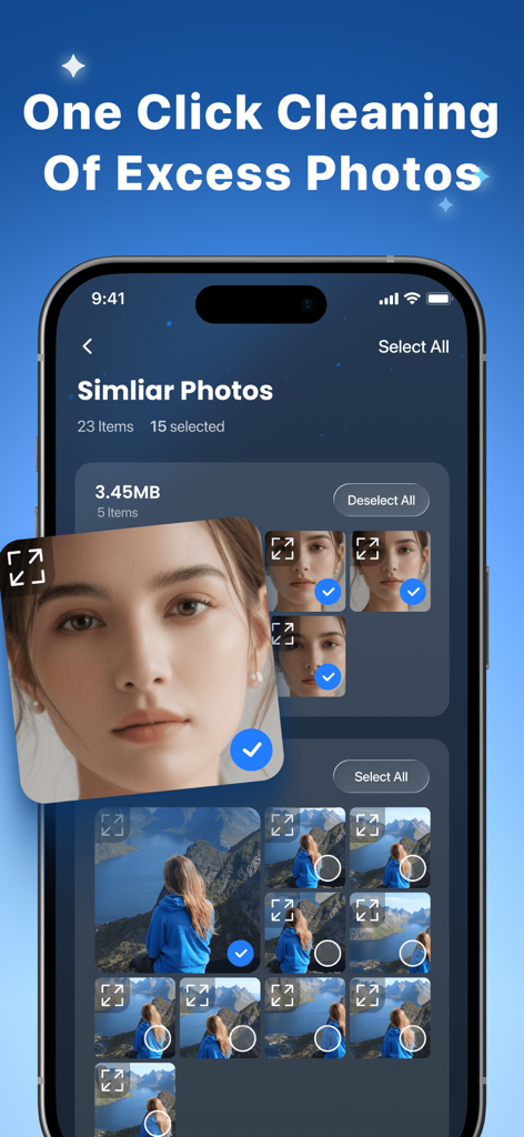 AI Cleaner - Photos&Videos - Interfaz de la aplicación AI Cleaner que muestra la identificación de fotos similares y la función de limpieza con un clic para liberar espacio de almacenamiento del teléfono.