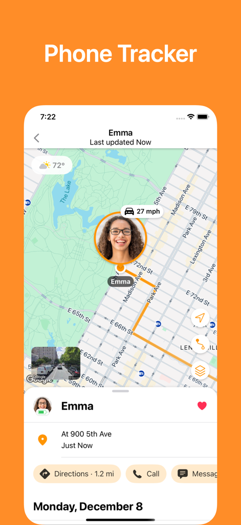 Share Location: Phone Tracker - Real-time location tracking interface showing a user on a map with driving speed and battery status
