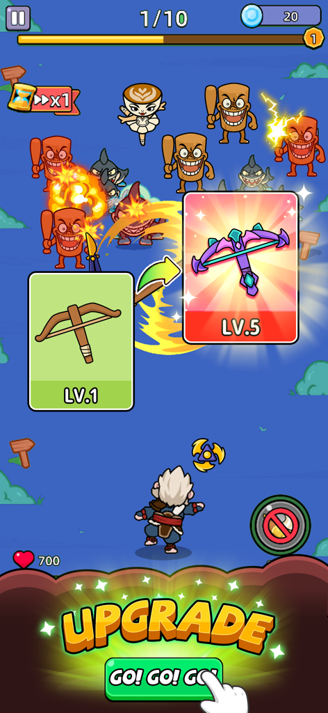 Rumble Bag: backpack battle - Una pantalla de mejora de armas en el juego Rumble Bag que muestra una ballesta subiendo de nivel del 1 al 5