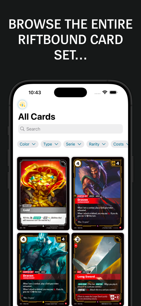 Riftbound Companion app interface showing the card browse and search screen