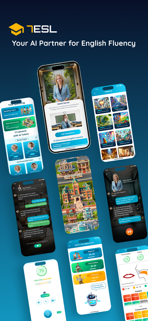 Capturas de pantalla de la aplicación de aprendizaje de inglés 7ESL AI mostrando tutores de IA, ciudad virtual y análisis de pronunciación