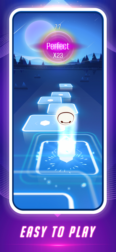 Dance Tiles: Music Ball Games - A white ball bouncing on neon blue tiles in a 3D music rhythm game with a perfect combo message