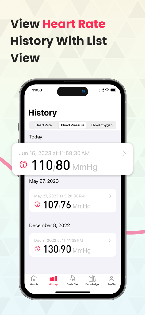 Una vista de lista en la app Pulser que muestra un historial cronológico de mediciones de presión arterial registradas.