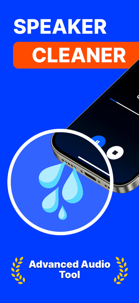 Clear Wave・Water Eject - Clear Wave app screenshot showing the speaker cleaner feature ejecting water from an iPhone speaker.