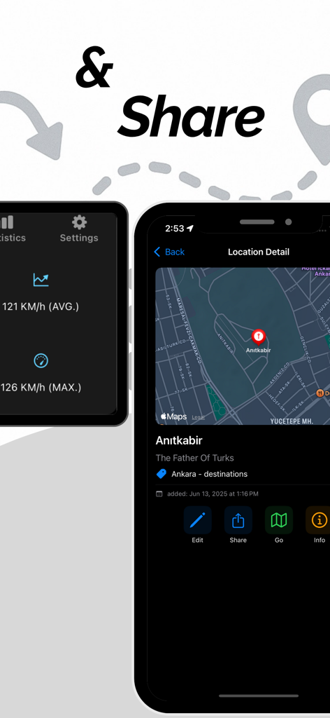 PinHub: Save Location - PinHub app screen showing details for a saved location with map view and sharing options