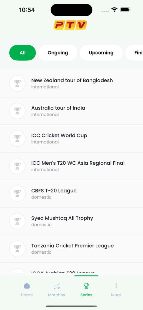A list of international and domestic cricket series and tournaments in the PTV Live Cricket app