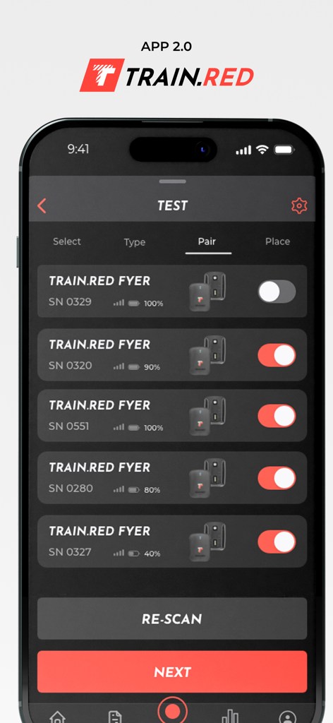 Smartphone screen of the Train.Red app displaying a list of paired FYER muscle oxygen sensors with battery levels and connection status.
