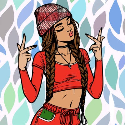 realistic teenage girl with braids and a beanie and crop top doing 🫶🏼