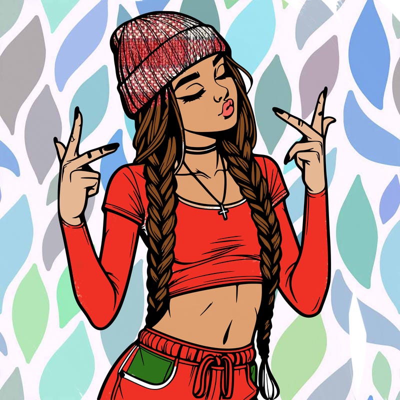 realistic teenage girl with braids and a beanie and crop top doing 🫶🏼