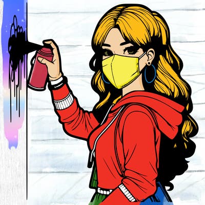 realistic girl with mask spray painting a wall