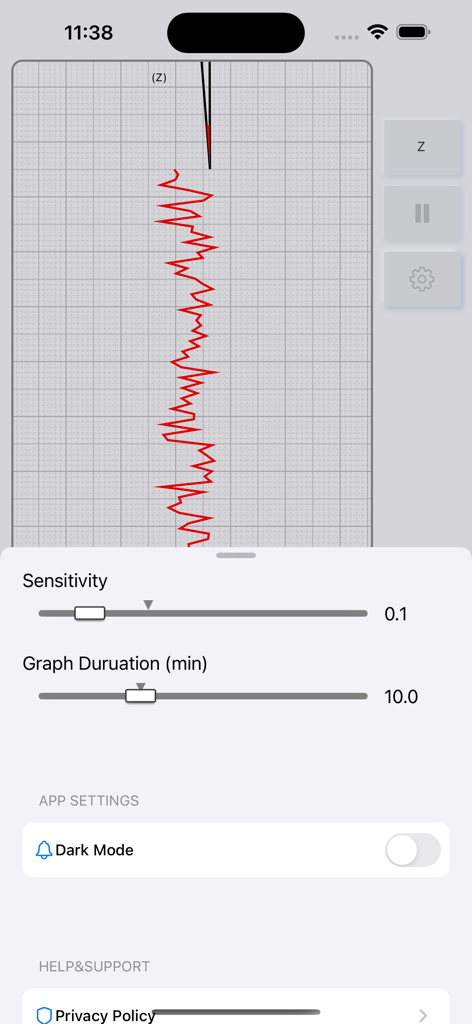 Ein Seismographen-Vibrationsdiagramm und Einstellungsoptionen für Empfindlichkeit und Dauer in der Seismometer plus App.