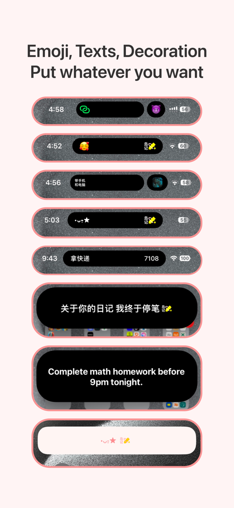 IsleMark - Examples of personalized iPhone Dynamic Island styles with emojis and text memos using IsleMark