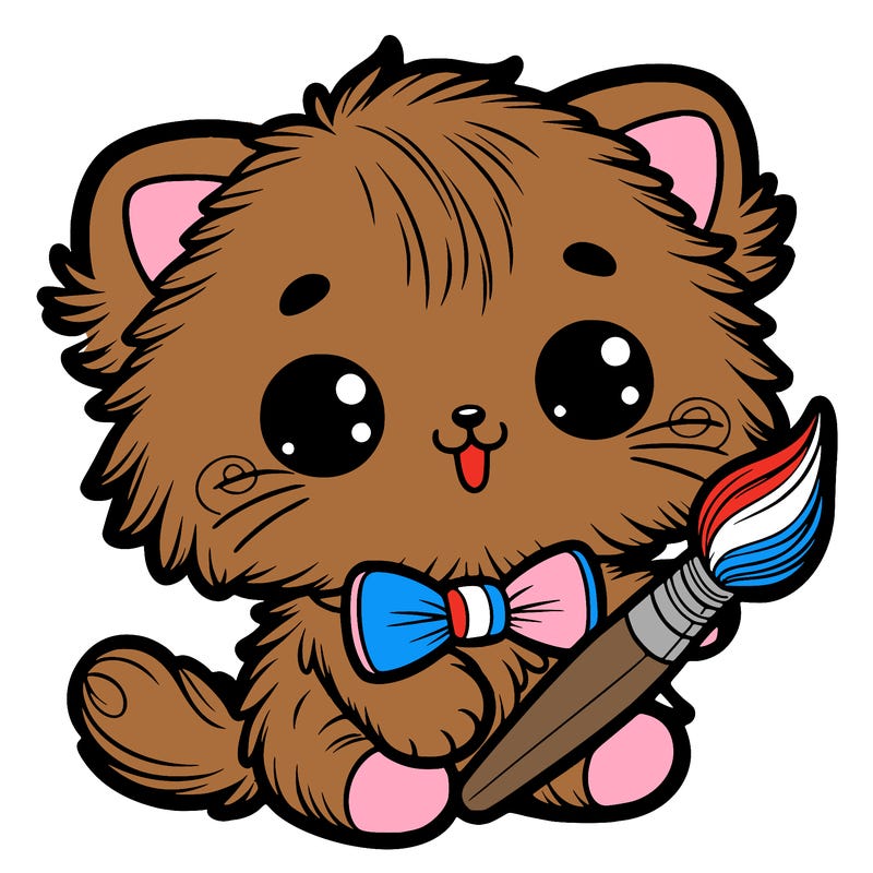 an adorable fluffy kitten holding a paintbrush