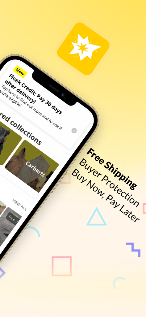 Interface de l'application Fleek Wholesale montrant les services de protection de l'acheteur et de livraison gratuite