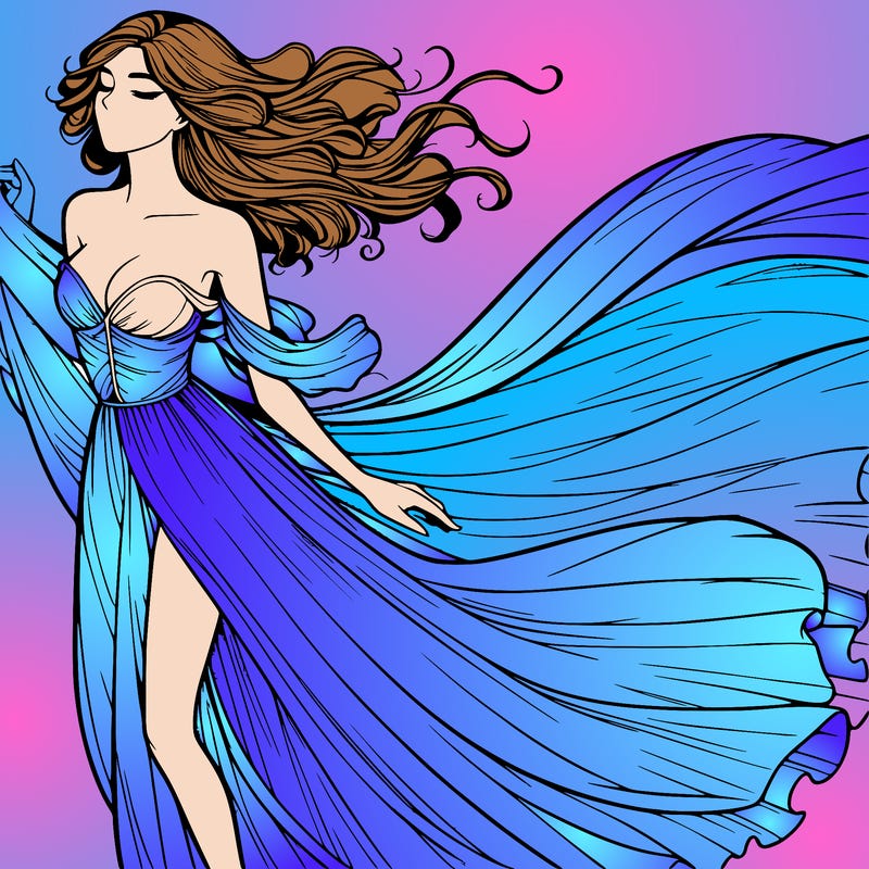 realistic woman in dress flowing the the wind