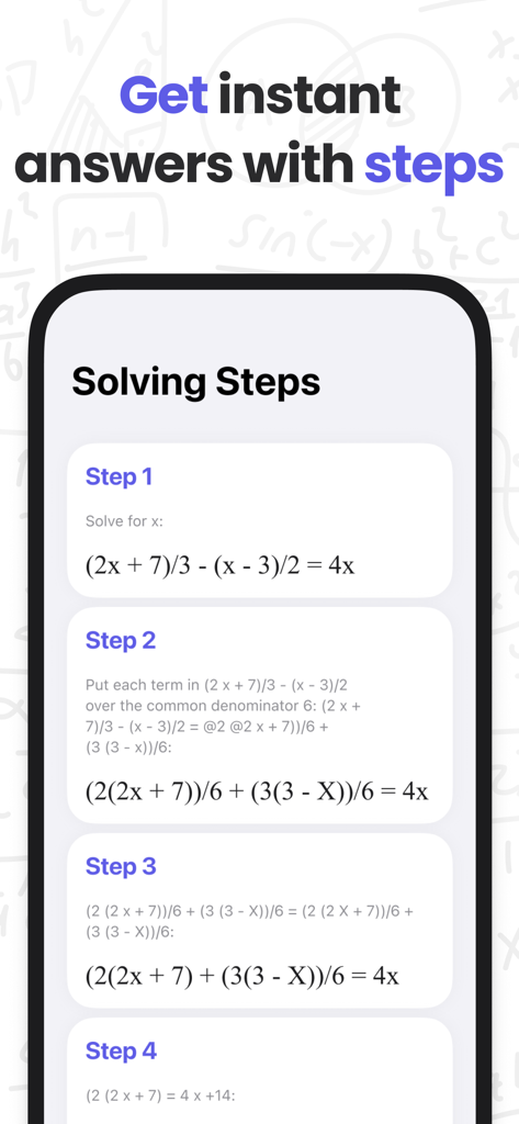 MathMaster app screen showing a step by step solution for an algebra problem