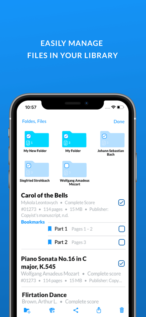 IMSLP - Interface of the IMSLP app showing folders and sheet music files organized in a digital library