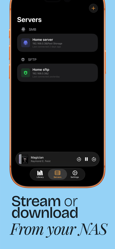 Audiory: Audiobook Player - Audioryアプリのインターフェース。オーディオブックストリーミング用のSMBおよびSFTP経由のホームサーバー接続が表示されています。