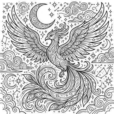 Unleash your creativity with this enchanting Spirit Phoenix coloring page, set against a mystical night sky. Adorned with a prominent moon, twinkling stars, and swirling clouds, it offers a serene and intricate coloring experience.