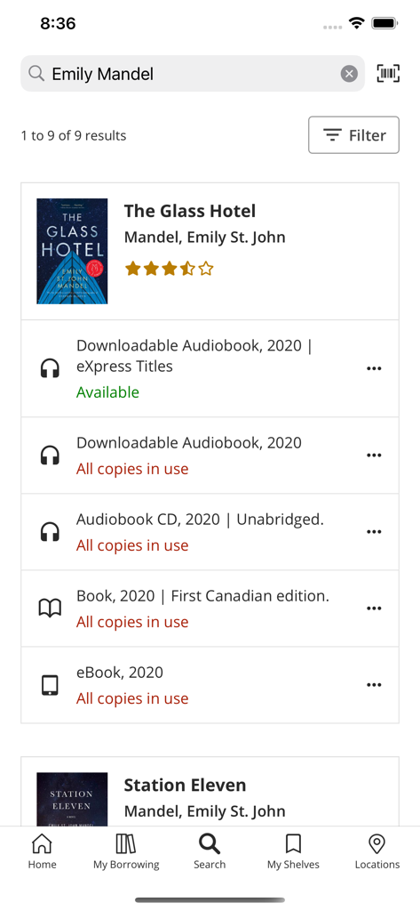 Edmonton Public Library - The search results screen of the Edmonton Public Library app showing the book The Glass Hotel and its availability in different formats like ebook and audiobook.