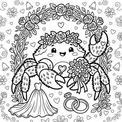 Dive into a charming celebration with our Kawaii Yeti Crab wedding coloring page! This adorable design features a happy Yeti Crab bride adorned with a floral crown, ready to say 'I do' amidst romantic wedding elements.