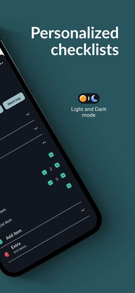 Pak - Travel Packing Checklist - Interfaz de la aplicación de viaje Pak con listas personalizadas y opción de modo oscuro