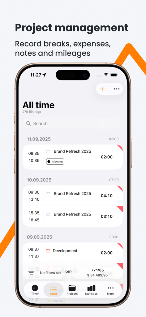 iPhone screen displaying the Timesheet IO app task list with detailed daily time entries for project management