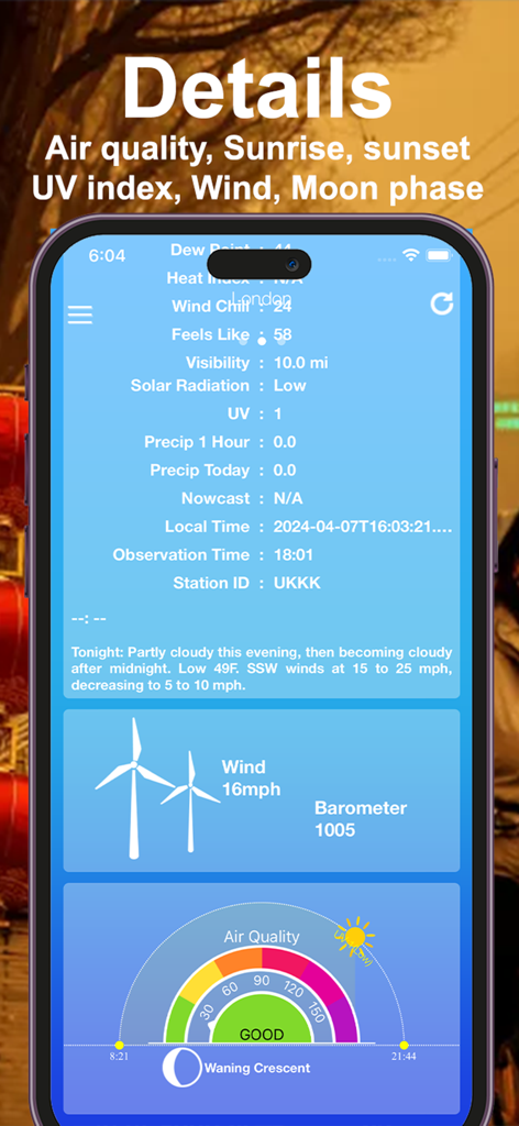 Weather Forecast ٞ - Painel detalhado de clima mostrando medidor de qualidade do ar, velocidade do vento e fase da lua