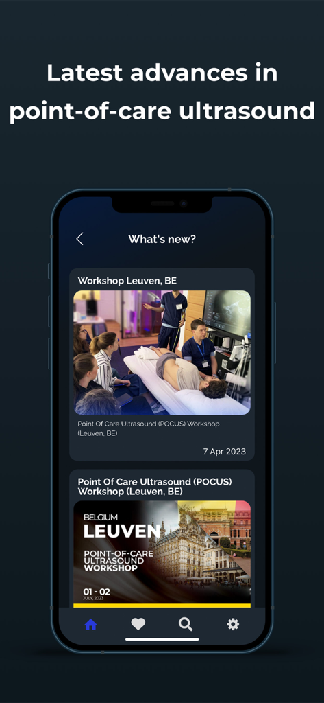 Point of Care Ultrasound - Tela mostrando novidades e atualizações de workshops no aplicativo médico NYSORA POCUS