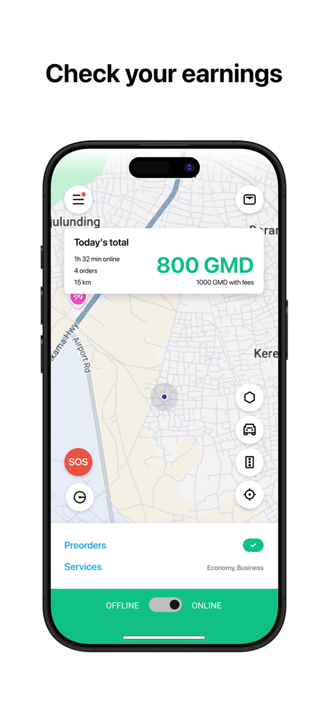 Gamride Driver - Tableau de bord de l'application Gamride Driver montrant les gains quotidiens de 800 GMD et les statistiques de trajet sur une carte