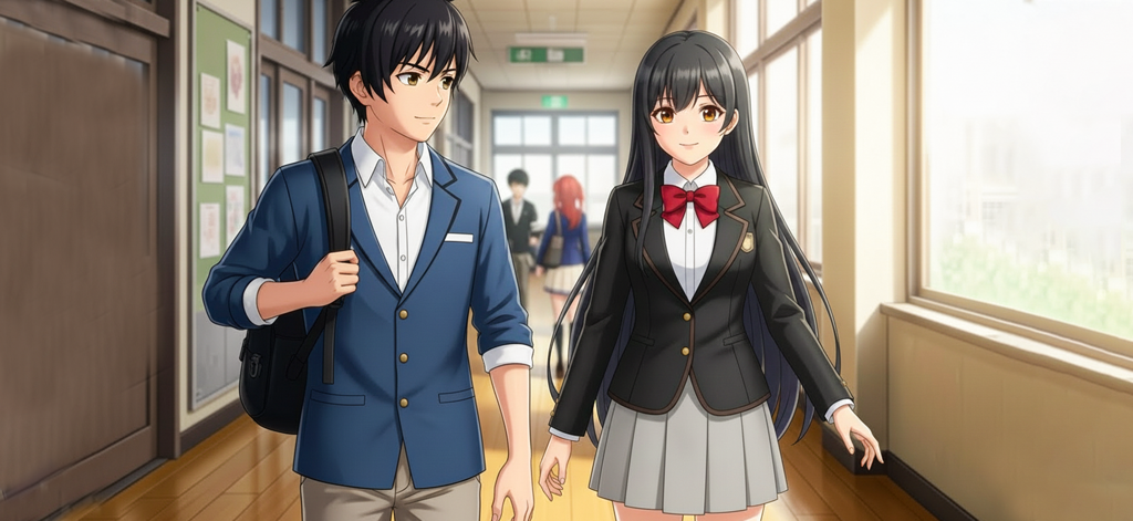 Anime Girl School Life Game 3D - An anime boy and girl walking together through a school hallway in their uniforms.