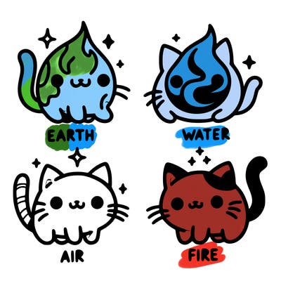 4 cats that represent the different elements, earth, water, air, and fire