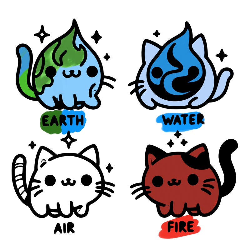4 cats that represent the different elements, earth, water, air, and fire