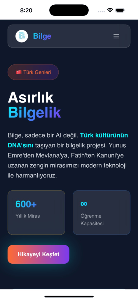 Bilge AI - Türk Yapay Zeka - Mobile app interface of Bilge AI showing Turkish cultural heritage themes and artificial intelligence features in dark mode.