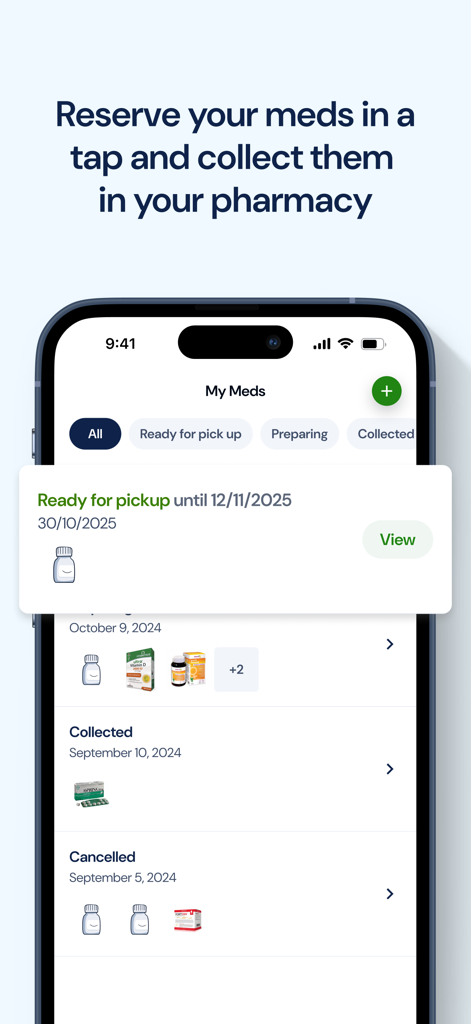 Aplicación móvil BENU Apoteka que muestra el estado de la reserva de medicamentos y el historial de pedidos.