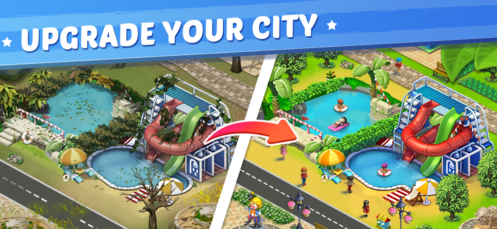 Lily City: Building metropolis - Before and after comparison showing a derelict swimming area upgraded into a vibrant water park with slides and visitors.