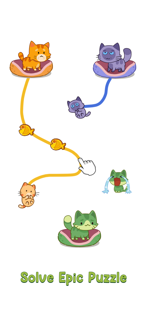 Cat Puzzle: Draw to Kitten - Gameplay screenshot showing how to draw lines to guide kittens to their matching colored cat beds