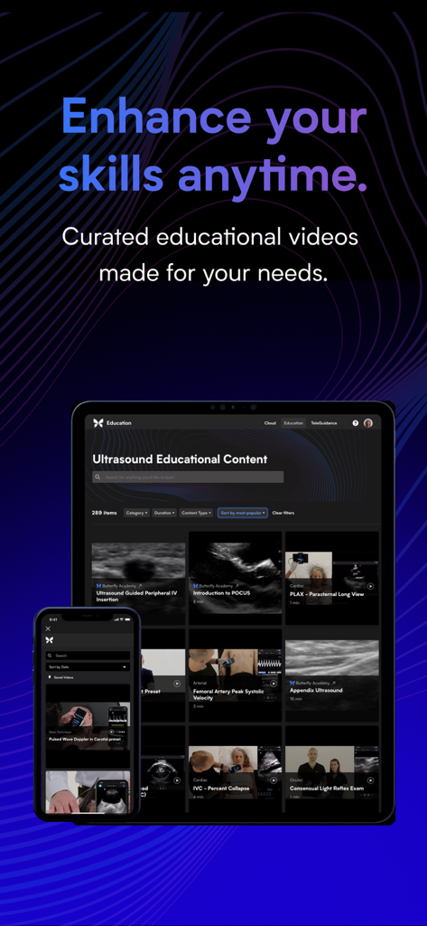 Butterfly iQ app interface displaying a library of curated ultrasound educational videos for healthcare professionals