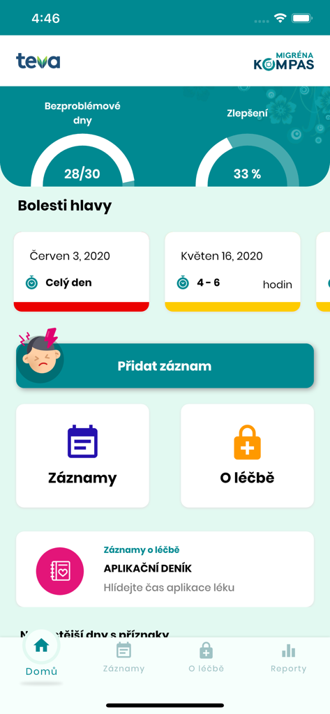 Migréna Kompas (CZ) - Home screen of Migrena Kompas mobile app displaying migraine statistics and headache logs