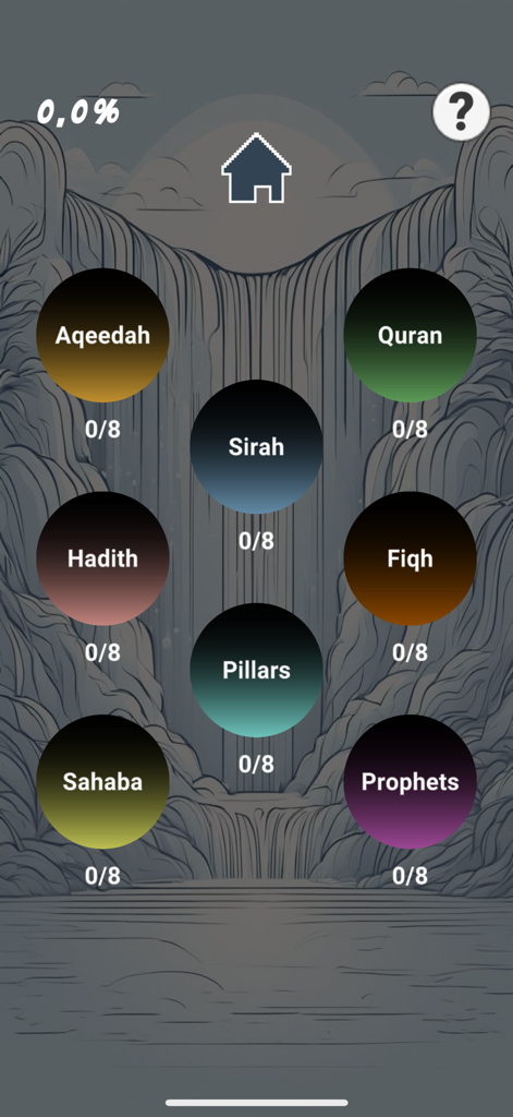 SahabaGames-App-Menübildschirm mit verschiedenen islamischen Lernkategorien wie Aqeedah, Sirah, Quran, Hadith, Fiqh und Sahaba.