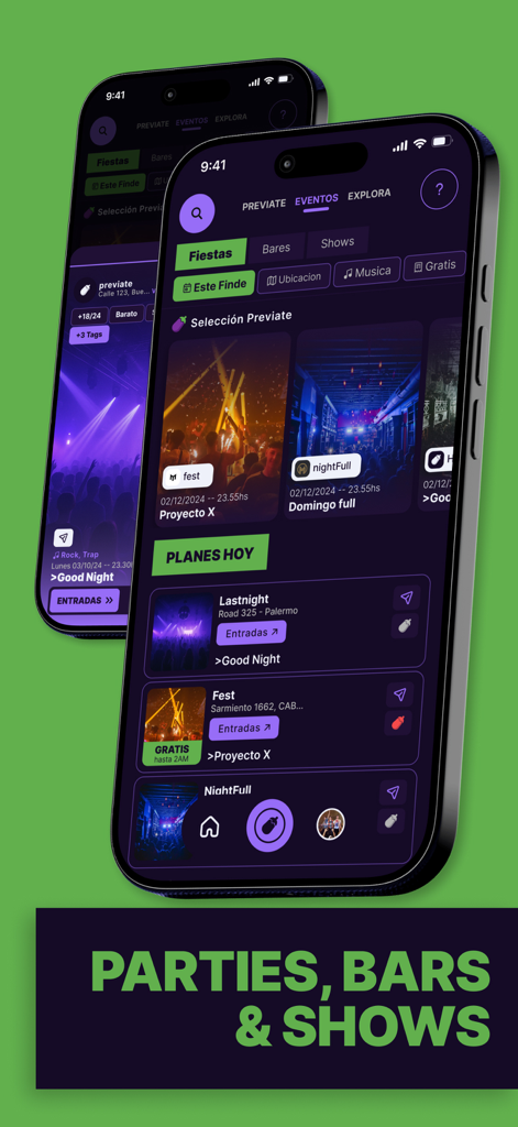 Previate Esta - Party Game - Interface of the Previate Esta app displaying available parties bars and shows for social nightlife planning