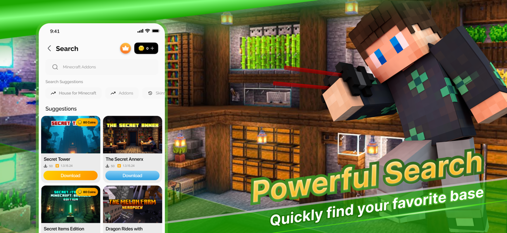 Mods for Minecraft PE: MCPE - Search interface in the Mods for Minecraft PE app showing various map and addon suggestions like secret towers and bases.