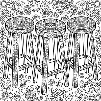 Immerse yourself in the vibrant traditions of Dia de los Muertos with this detailed coloring page featuring beautifully adorned bar stools. Each design boasts intricate sugar skulls, marigolds, and traditional patterns, ready for your creative touch.