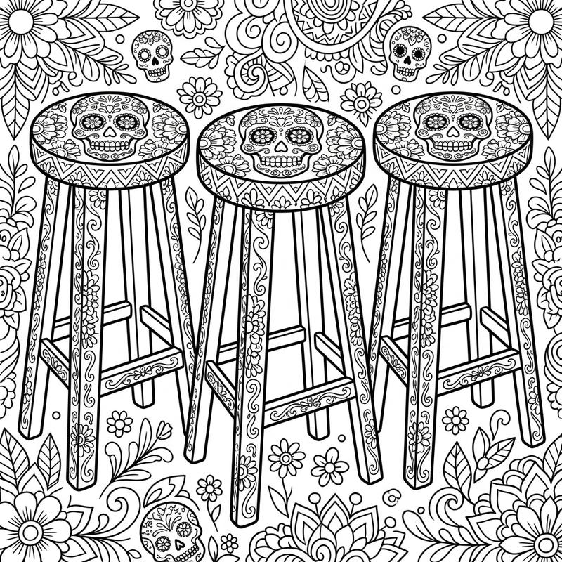 Immerse yourself in the vibrant traditions of Dia de los Muertos with this detailed coloring page featuring beautifully adorned bar stools. Each design boasts intricate sugar skulls, marigolds, and traditional patterns, ready for your creative touch.