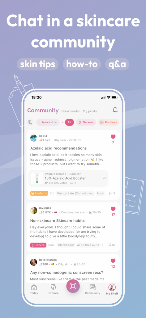 Skincare community forum screen where users share skin tips and ask questions