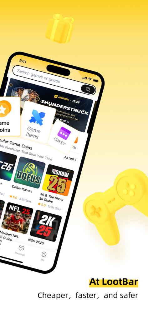 LootBar-App-Oberfläche, die einen Markt für Spielwährungen und CD-Keys für Titel wie NBA 2K25 und Madden NFL 25 zeigt