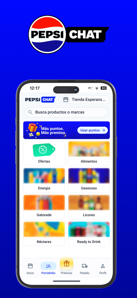 Pepsi Chat - Pepsi Chat B2B app interface showing product categories like sodas and snacks for retail inventory management