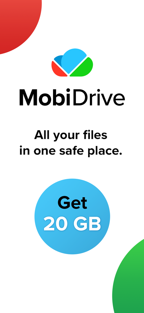 Pantalla de inicio de MobiDrive que muestra una oferta de 20 GB de almacenamiento gratuito en la nube