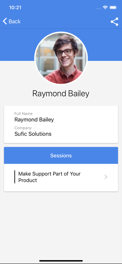 Profilseite für den Redner Raymond Bailey von Sufic Solutions in der Attendee Mobile App.